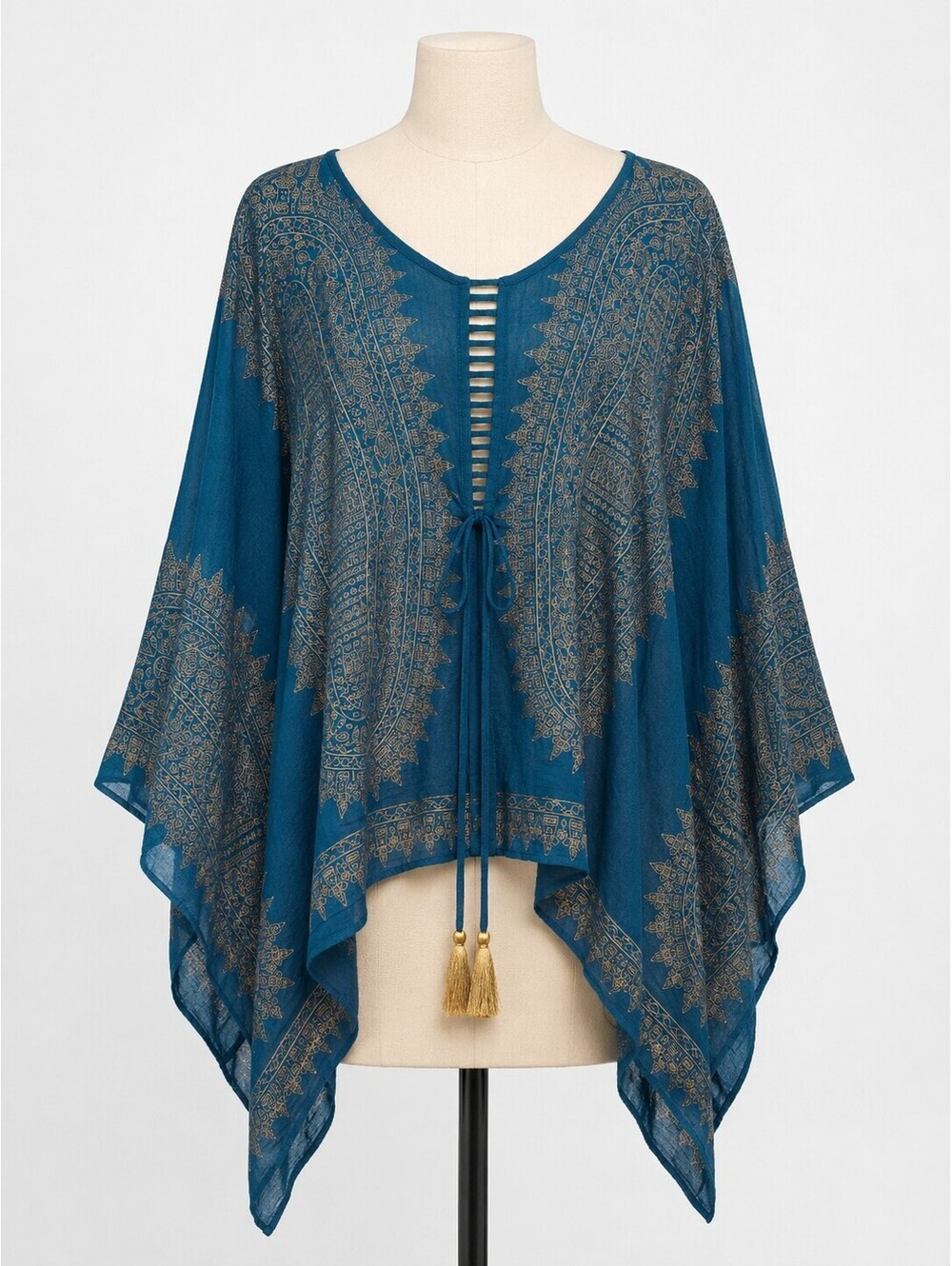 earthbound trading company Teal And Gold Size Medium Flowy Top Boho Fairy Tassle